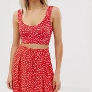 ASOS MONKI 2 piece crop top tank and high waisted button front skirt floral sz S